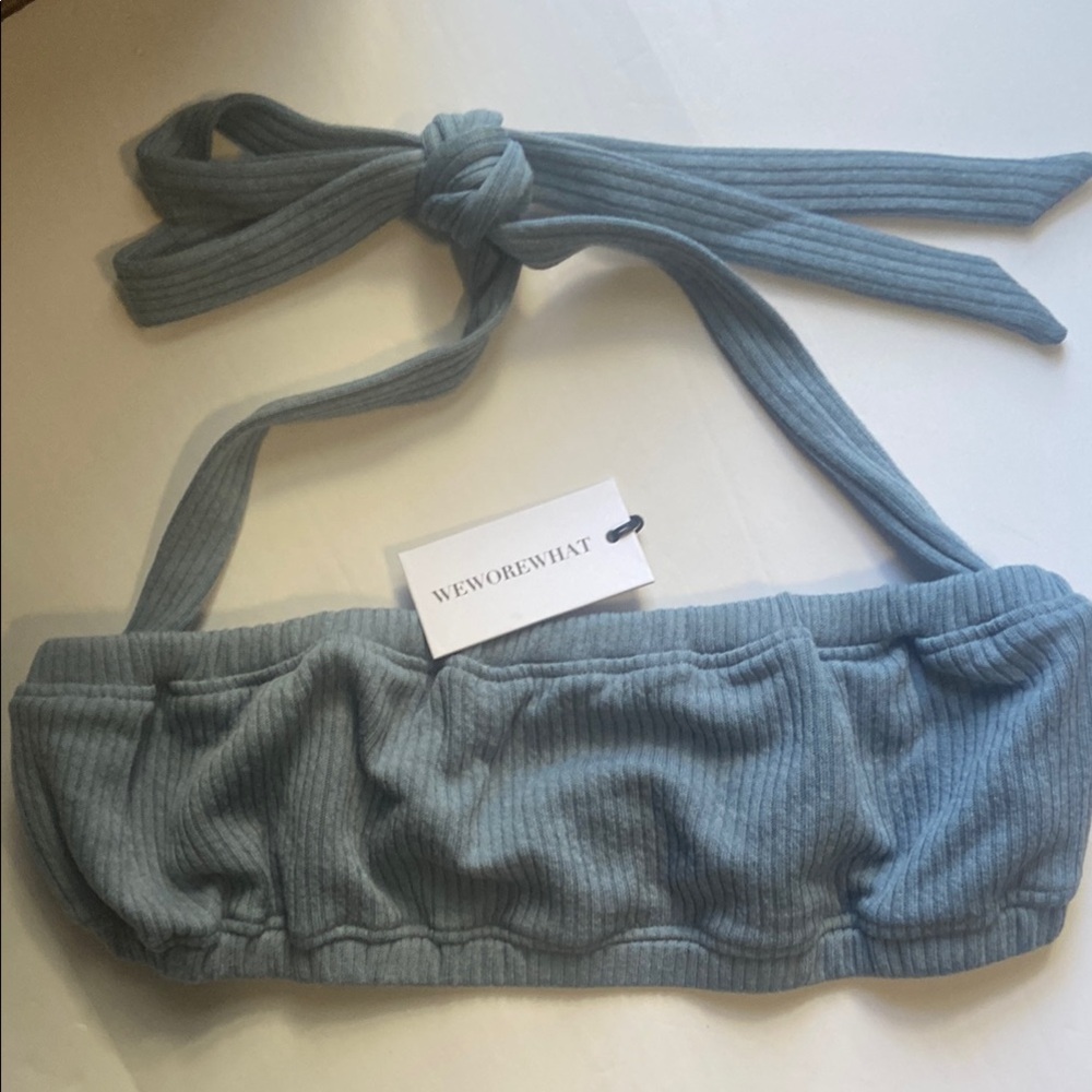 WeWoreWhat Blue Ribbed Bustier Tie Front Crop Top